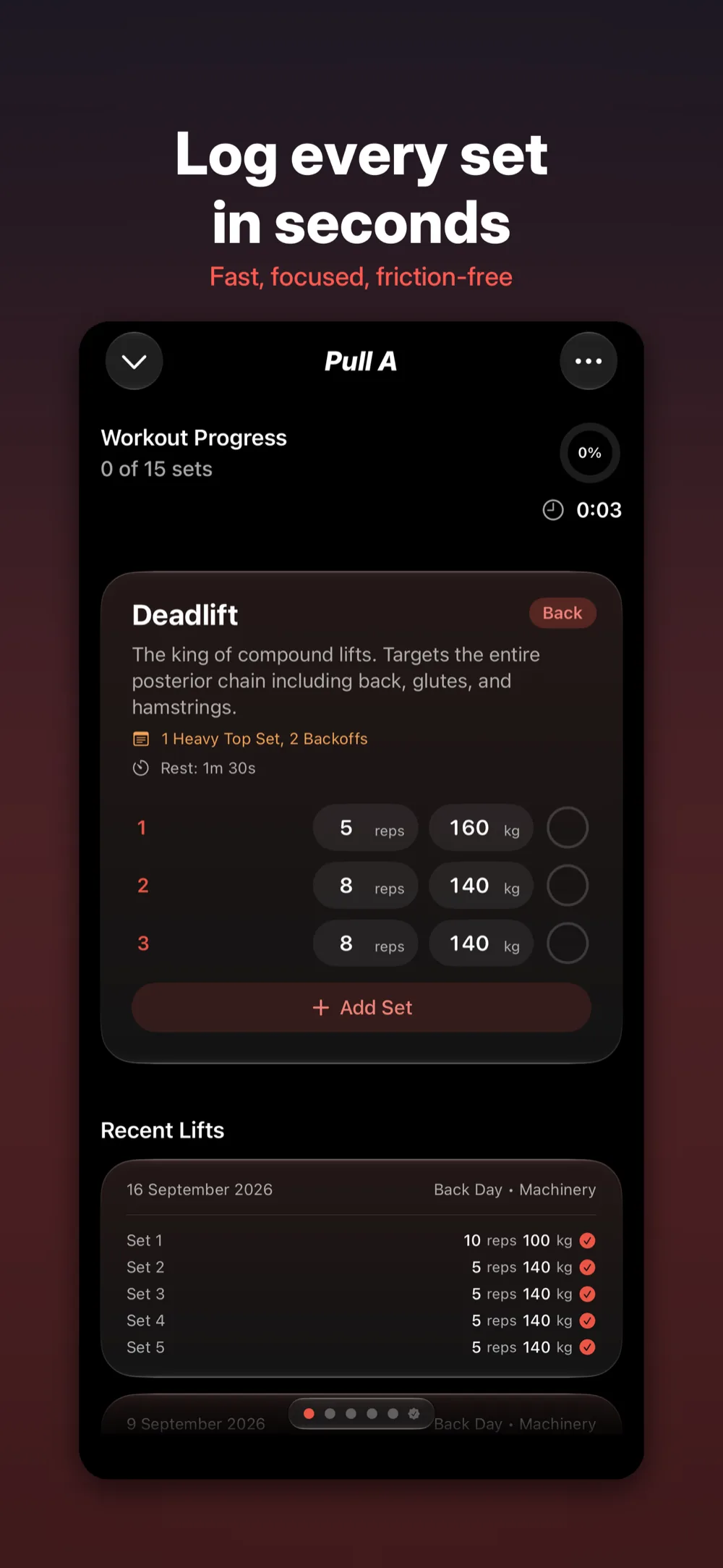 Up Lifting on iPhone &ndash; active workout log showing weight, reps and set history